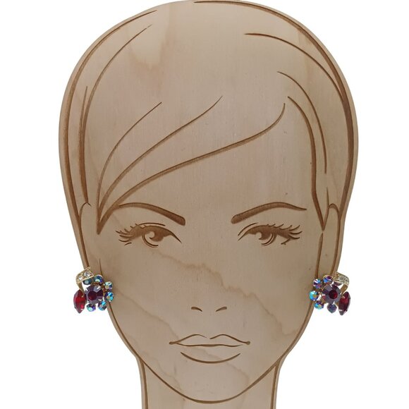 Vintage Bold Glitz Clip-On Earrings, Gold Tone with Red & AB Rhinestones - Picture 3 of 4